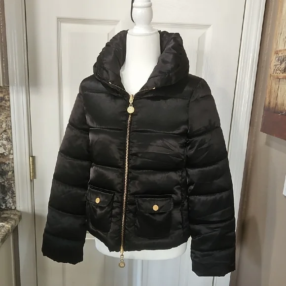 Armani Exchange Black Puffer Jacket hidden hood with Gold Accents